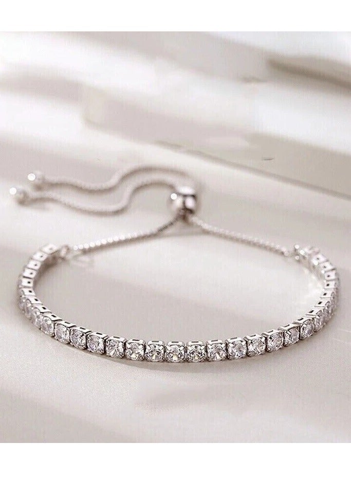 Rwnq Silver Stainless Steel Adjustable Bracelet Adorned with Sparkling Crystals for Women - Elegant and Dainty Cubic Zirconia Design - Perfect Gift for Her, Ideal for Daily Wear & Special Occasions - Women's Bracelet - Ladies Accessories - Stainless Steel Jewelry - Jewelry - Accessories  - Image 3