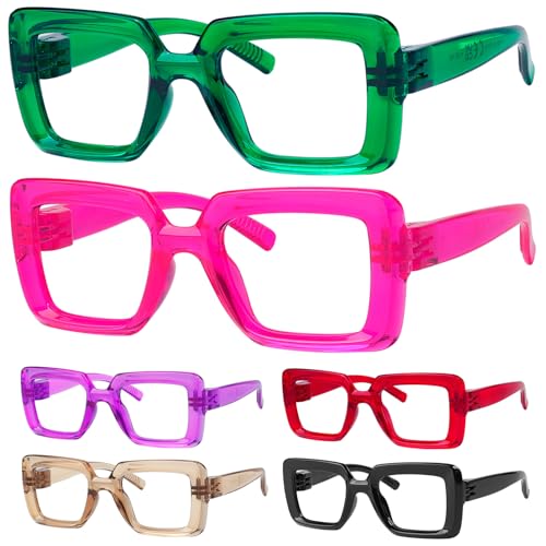 GUD Square Reading Glasses with Screwless Spring Hinge Metalless 6 Pack Women Oversized Thick Frame Readers 250 - Image 2