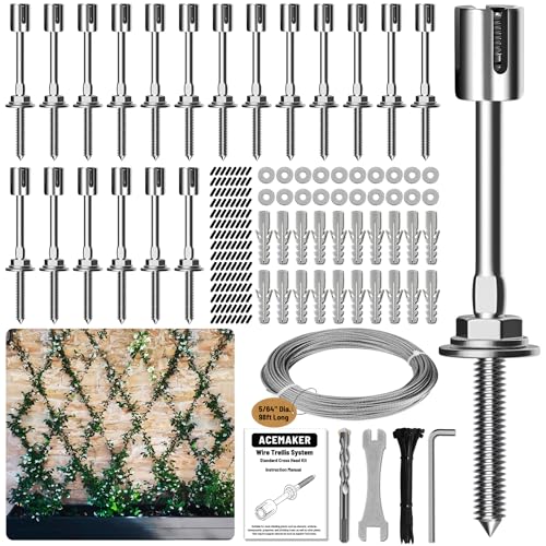 Acemaker Wire Trellis for Climbing Plants Outdoor 20Set Wall Wire Trellis Kit with 5642mm x 98ft Stainless Steel Cable T316 Espalier System for Fence and Garden DIY Projects - Image 1