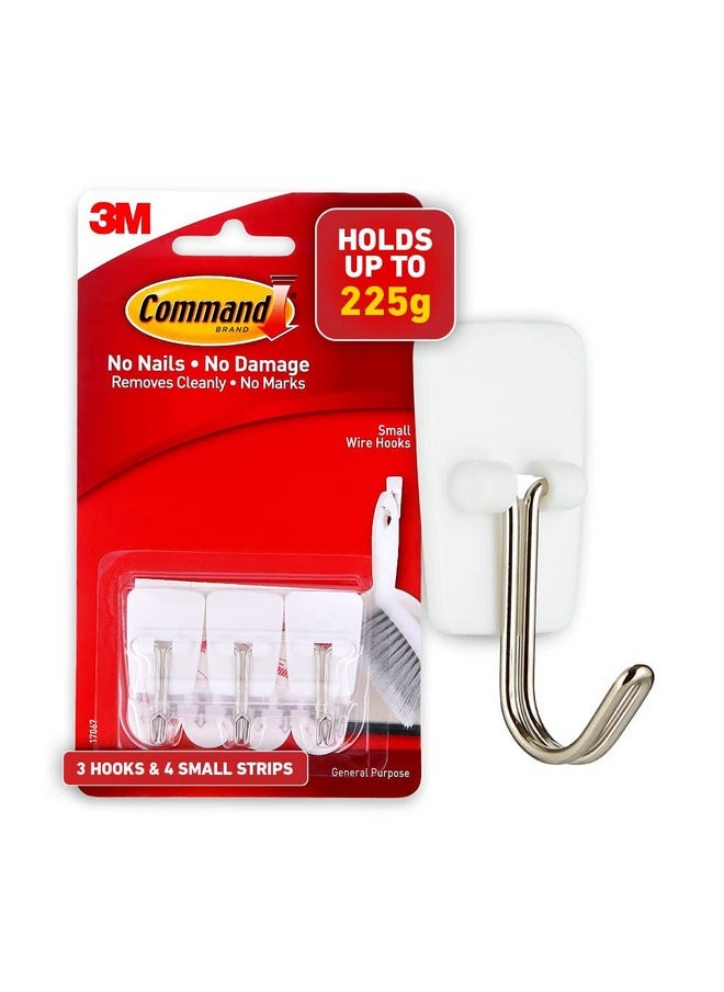 Command Small Wire Wall Hooks, Up To 225Gms, Holds Strongly, Reusable, Adhesive Hooks For Wall, Multi-Surface Damage Free Hooks For Hanging (White, 3Hooks, 4 Strips) - Plastic  - Image 1