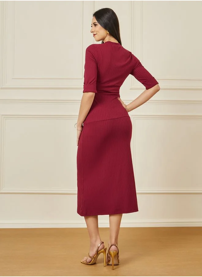 Styli Ribbed Roll Up Sleeves Shift Midi Dress