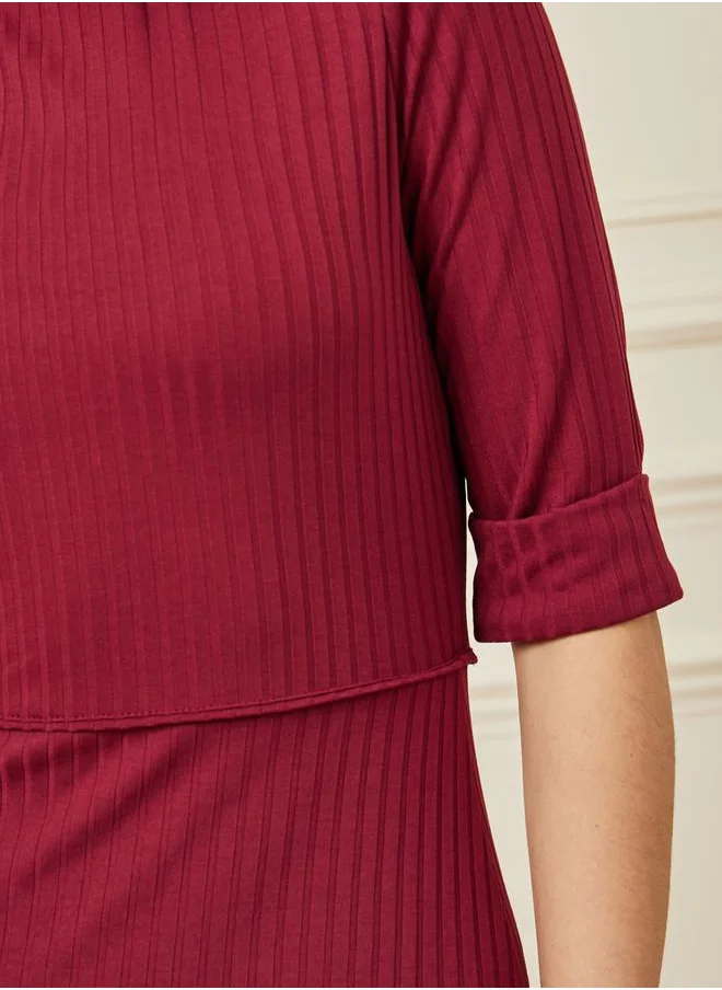 Styli Ribbed Roll Up Sleeves Shift Midi Dress
