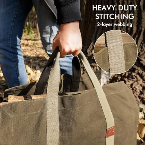 INNO STAGE 22oz Waxed Canvas Fire Wood Log Carrier Tote Bag for Fireplace with Patented Self Standing Design for Hay Hauling Outdoor Camping or BBQ Barbecue- Khaki - Image 5