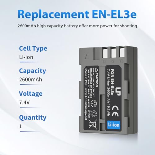 LP EN-EL3e, EL3, EL3a Battery, 2600 mAh Battery Compatible with Nikon D700, D300s, D300, D200, D100, D90, D80, D70S, D70, D50, MH-18, MH18a, MH-19, MB-D200, MB-D10 - Image 2