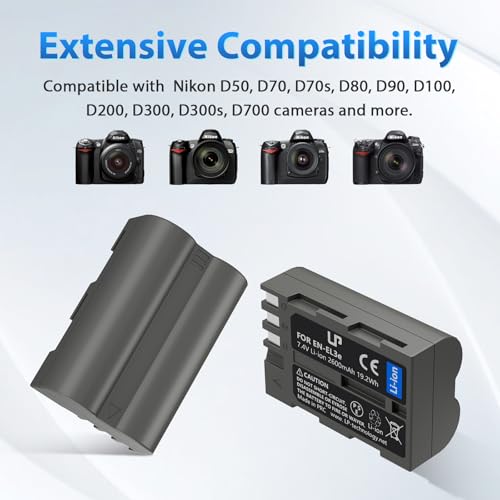 LP EN-EL3e, EL3, EL3a Battery, 2600 mAh Battery Compatible with Nikon D700, D300s, D300, D200, D100, D90, D80, D70S, D70, D50, MH-18, MH18a, MH-19, MB-D200, MB-D10 - Image 4