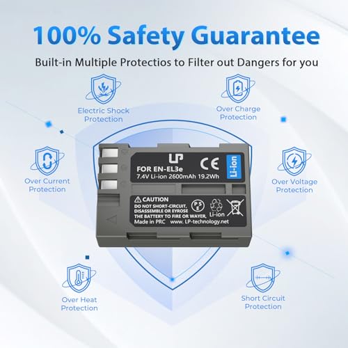 LP EN-EL3e, EL3, EL3a Battery, 2600 mAh Battery Compatible with Nikon D700, D300s, D300, D200, D100, D90, D80, D70S, D70, D50, MH-18, MH18a, MH-19, MB-D200, MB-D10 - Image 5