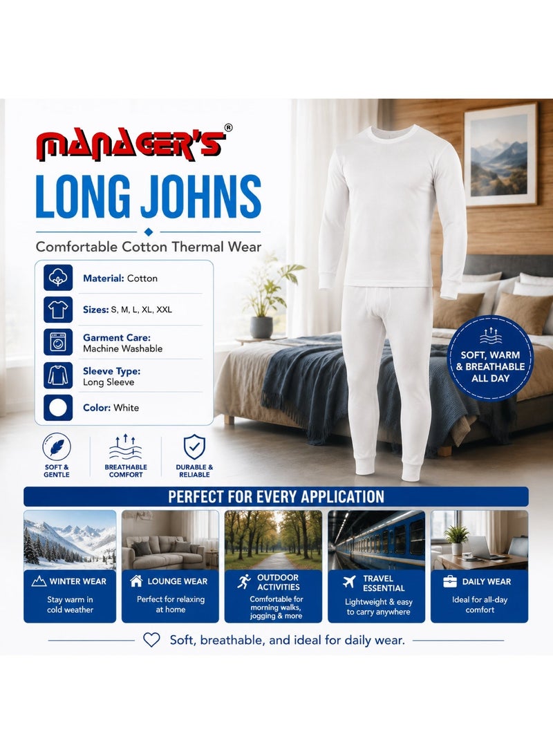 MANAGER'S Men's 100% Cotton Long Johns Innerwear Set, Small, Soft & Breathable Everyday Base Layer, Long Sleeve Undershirt with Full-Length Underpants, Lightweight Daily Inner Wear, White - Image 2
