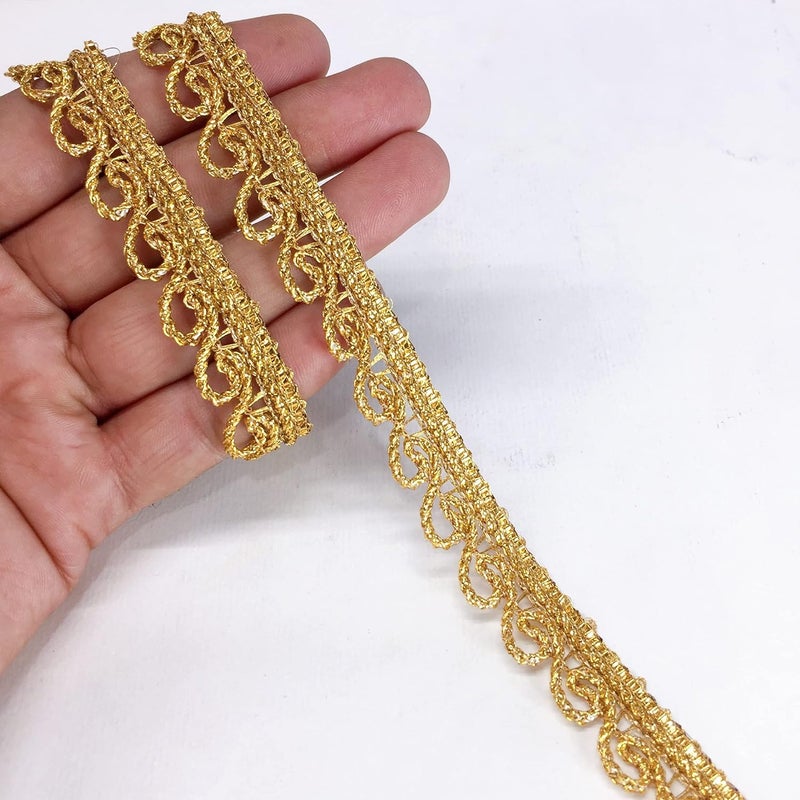 Lami شريط كروشيه كرواتيا لامي 9 متر بلون ذهبي لامع، تغليف احتفالي زخرفي، حواف دانتيل، شريط، أناركالي، ساري، زينة هندية، أشرطة للتزيين، أشرطة فاخرة - Image 1