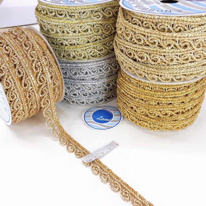 Lami شريط كروشيه كرواتيا لامي 9 متر بلون ذهبي لامع، تغليف احتفالي زخرفي، حواف دانتيل، شريط، أناركالي، ساري، زينة هندية، أشرطة للتزيين، أشرطة فاخرة - Image 2