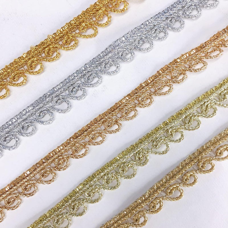 Lami شريط كروشيه كرواتيا لامي 9 متر بلون ذهبي لامع، تغليف احتفالي زخرفي، حواف دانتيل، شريط، أناركالي، ساري، زينة هندية، أشرطة للتزيين، أشرطة فاخرة - Image 3