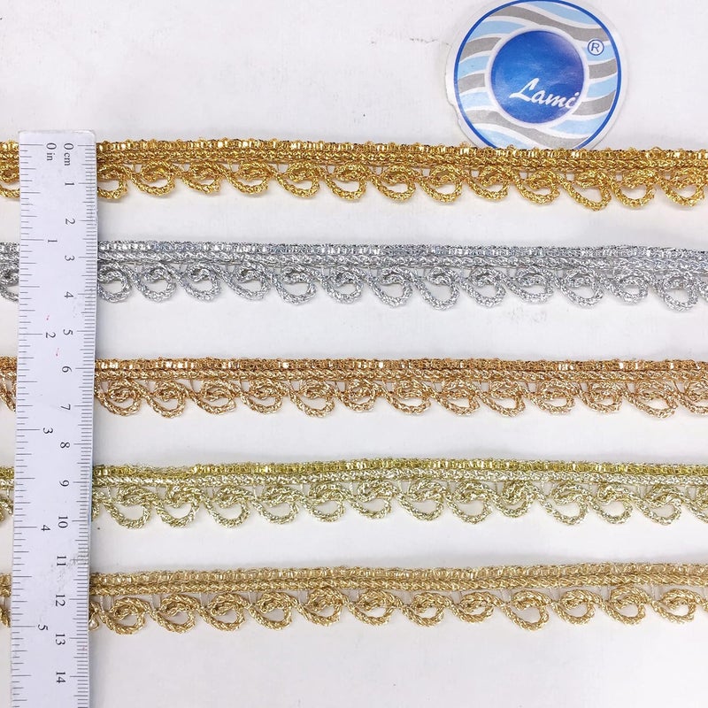 Lami شريط كروشيه كرواتيا لامي 9 متر بلون ذهبي لامع، تغليف احتفالي زخرفي، حواف دانتيل، شريط، أناركالي، ساري، زينة هندية، أشرطة للتزيين، أشرطة فاخرة - Image 4