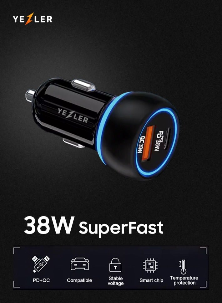 YEZLER YL-38 Quick Car Charger, PD38W Super Fast Charge, Dual PD+USB Fast Charging, Multi-Device Rapid Charging Solution - Image 1