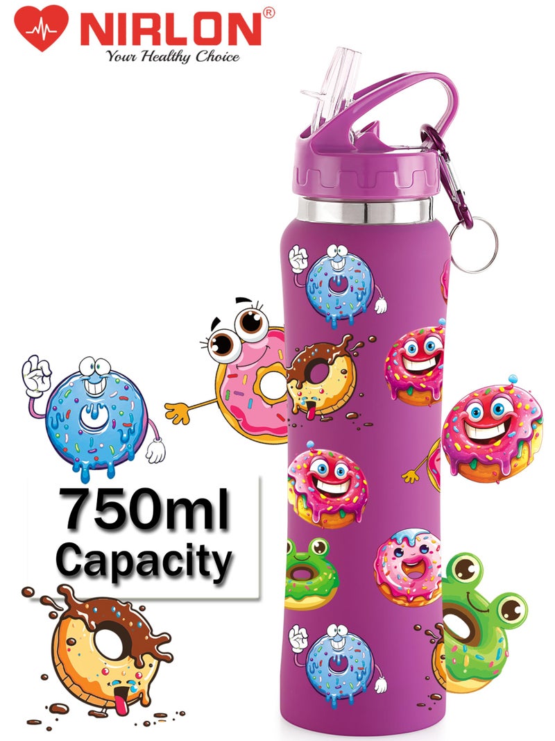 NIRLON Flip Bot Stainless Steel Rubber Finish Water Bottle with Straw Lid for Fridge, School,Gym,Home,Office,Boys, Girls, Kids, Leak Proof(UV Printed Bottle|Donuts|Sipper Cap) 750 ml - Image 2