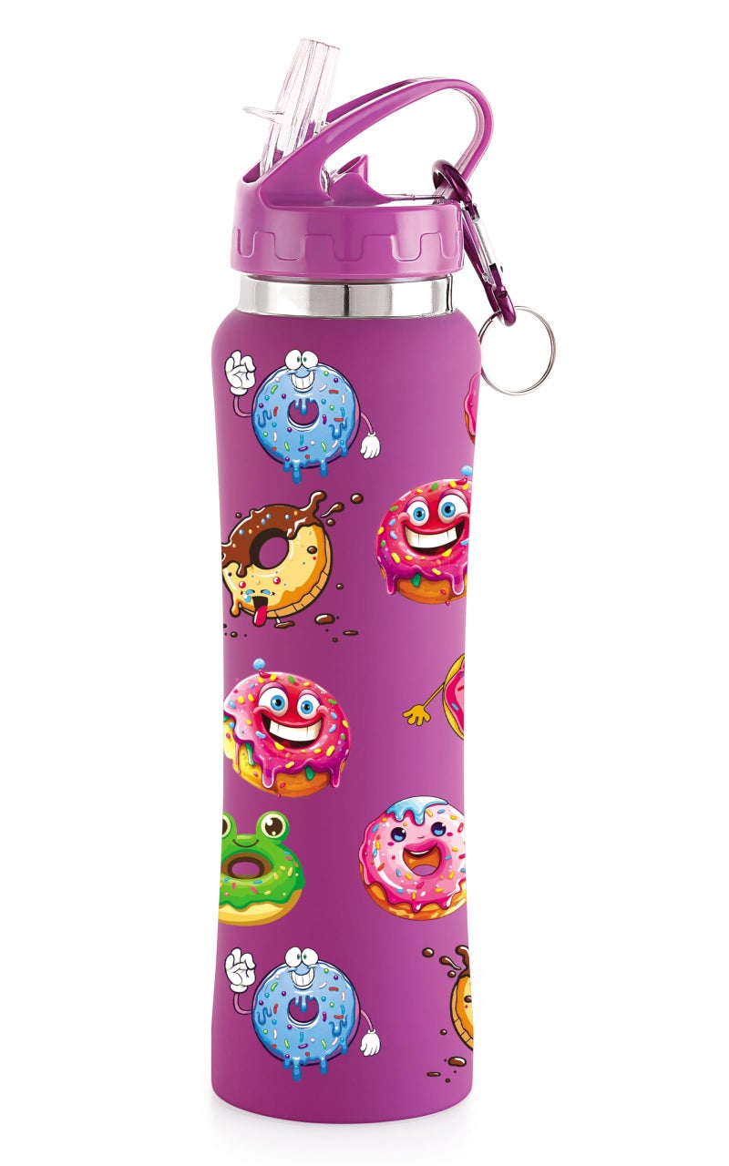 NIRLON Flip Bot Stainless Steel Rubber Finish Water Bottle with Straw Lid for Fridge, School,Gym,Home,Office,Boys, Girls, Kids, Leak Proof(UV Printed Bottle|Donuts|Sipper Cap) 750 ml - Image 1