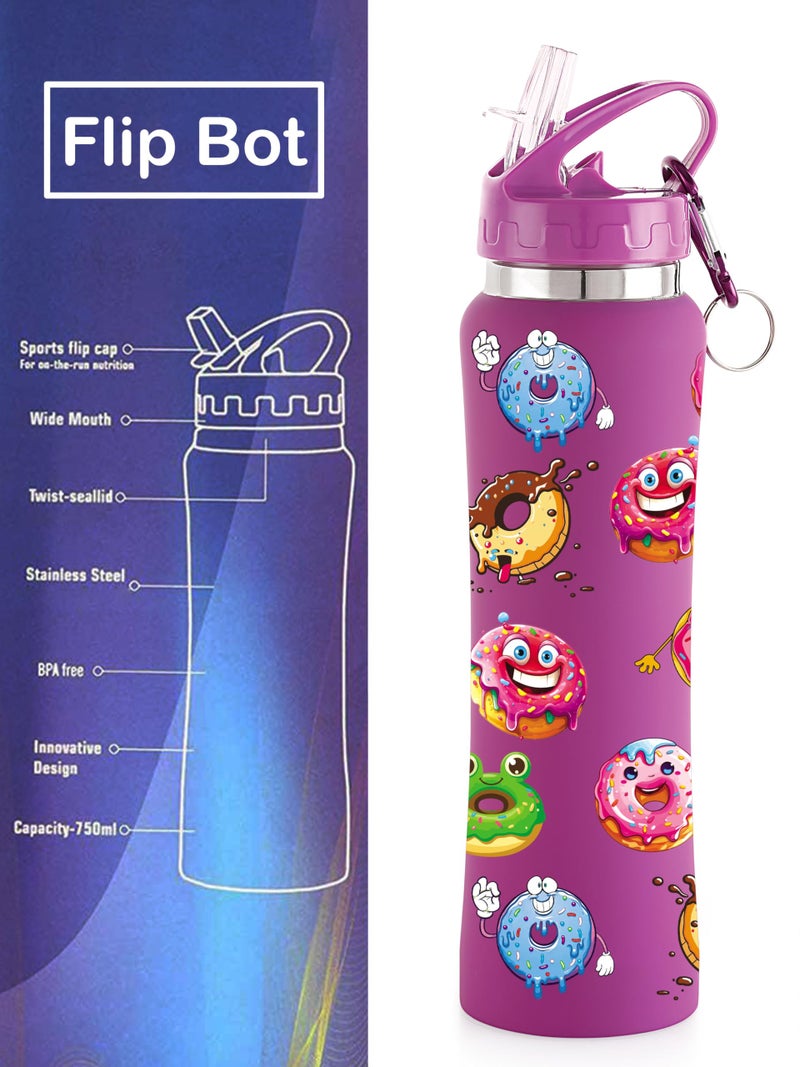 NIRLON Flip Bot Stainless Steel Rubber Finish Water Bottle with Straw Lid for Fridge, School,Gym,Home,Office,Boys, Girls, Kids, Leak Proof(UV Printed Bottle|Donuts|Sipper Cap) 750 ml - Image 3
