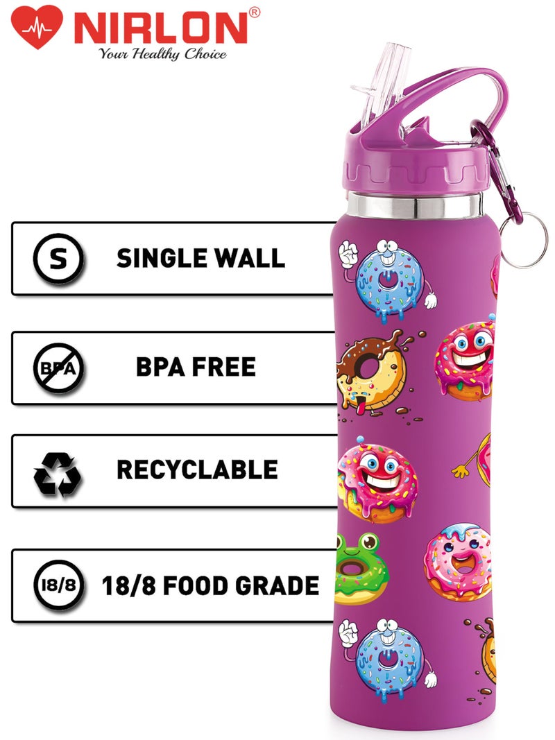 NIRLON Flip Bot Stainless Steel Rubber Finish Water Bottle with Straw Lid for Fridge, School,Gym,Home,Office,Boys, Girls, Kids, Leak Proof(UV Printed Bottle|Donuts|Sipper Cap) 750 ml - Image 5
