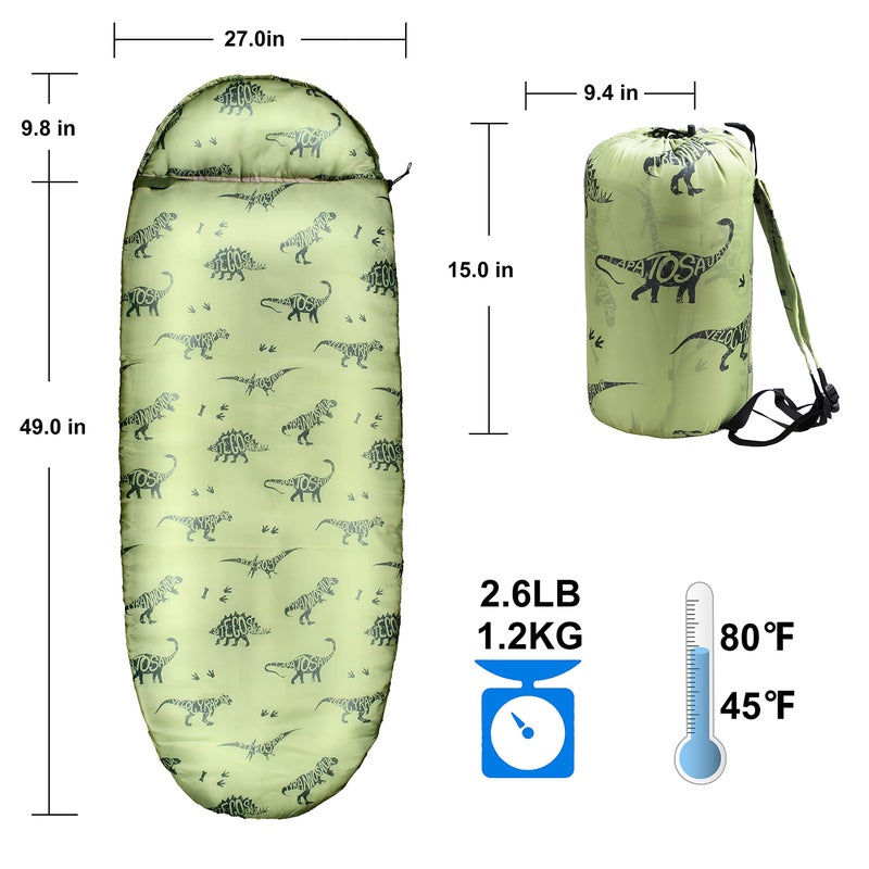 rioyalo Kids Sleeping Bags for Boys – Military Green Dinosaur – Rioyalo YOLO 45 Camping Sleeping Bags for Kids with Carry Bag - Outdoor and Indoor (Military Dinosaur) - Image 2
