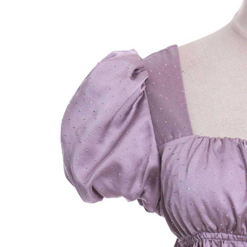 Vibsion Regency Dresses for Women Puff Sleeve Empire Waist Victorian Dress Luxurious Rhinestone Satin Party Gown S - Image 5