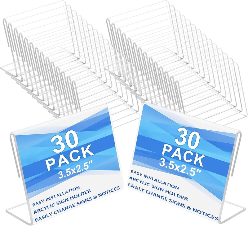 Ludery 30 pack Small Acrylic Sign Holder 3.5 x 2.5 Inch,Mini Food Sign Labels for Party Buffet,L-Shape Name Card Display Holder,Mini Clear Acrylic Sign Display Holder for Office,Store,Restaurant- Horizontal - Image 1