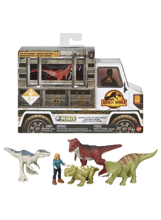 Mattel Games Jurassic World Toys Dominion Carnotaurus Clash Pack 5 Mini Toys Including 1 Human Figure & 4 Dinosaurs In Truckthemed Package  - Image 1