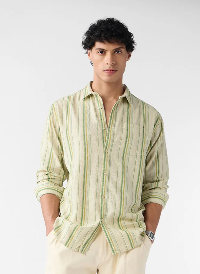 The Souled Store Men Regular Fit Cotton Linen Textured Green Shirt