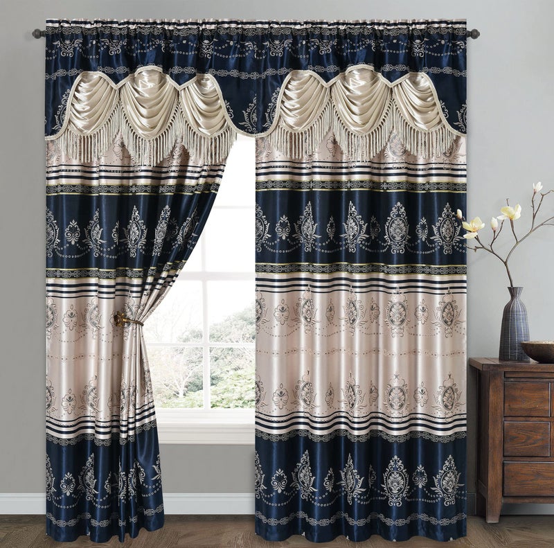 GOHD Golden Ocean Home Decor GOHD Harmony Horizon Jacquard Farmhouse Window Curtain Panel Drape with Attached Fancy Valance 2pcs Set Each pc 54 Wide x 90 Drop with 18 Valance Navy Blue