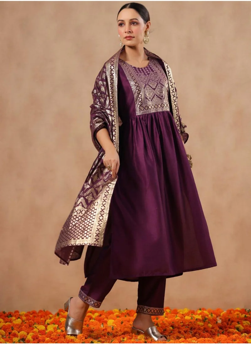 ISHIN Wine Kurta Set Straight Fit 3/4 Sleeve Sleeve made from Poly Silk featuring Self Design design and Round Neck neckline - Perfect for Ethinic!