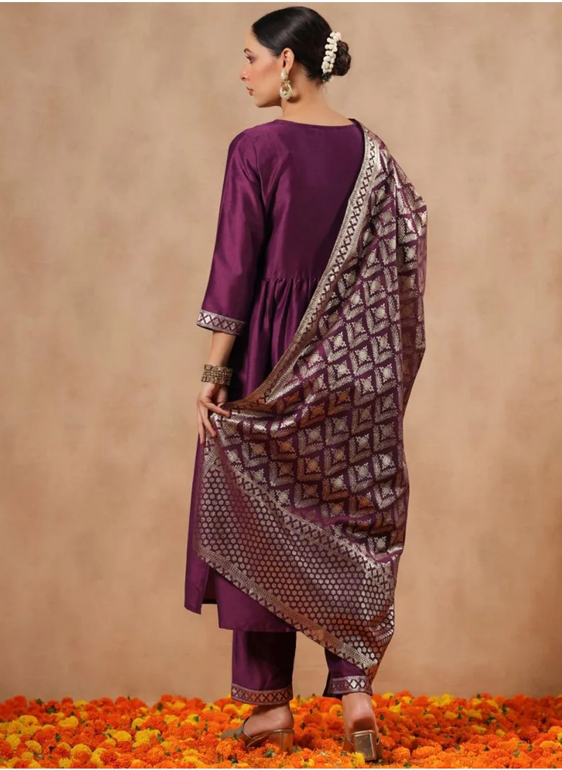 ISHIN Wine Kurta Set Straight Fit 3/4 Sleeve Sleeve made from Poly Silk featuring Self Design design and Round Neck neckline - Perfect for Ethinic!