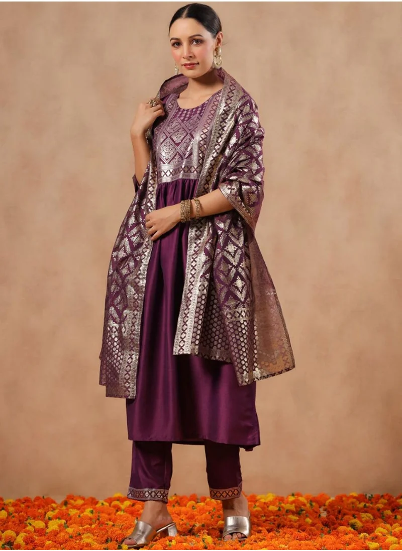 ISHIN Wine Kurta Set Straight Fit 3/4 Sleeve Sleeve made from Poly Silk featuring Self Design design and Round Neck neckline - Perfect for Ethinic!