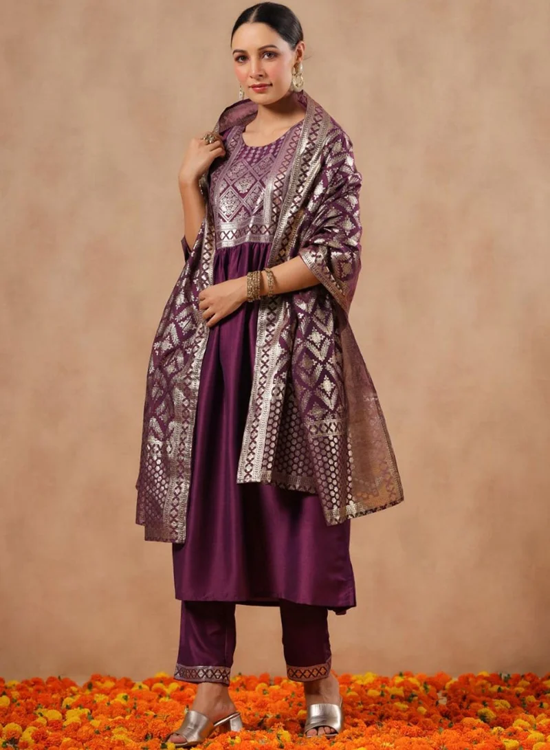 ISHIN Women's Wine Polyester Blend Self Design Full Length Palazzo Kurta Set