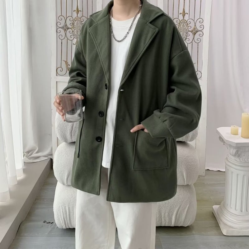 2024 Mens Mid-Length Trench Coat Autumn Winter Woolen Stylish Korean Fashion Green 