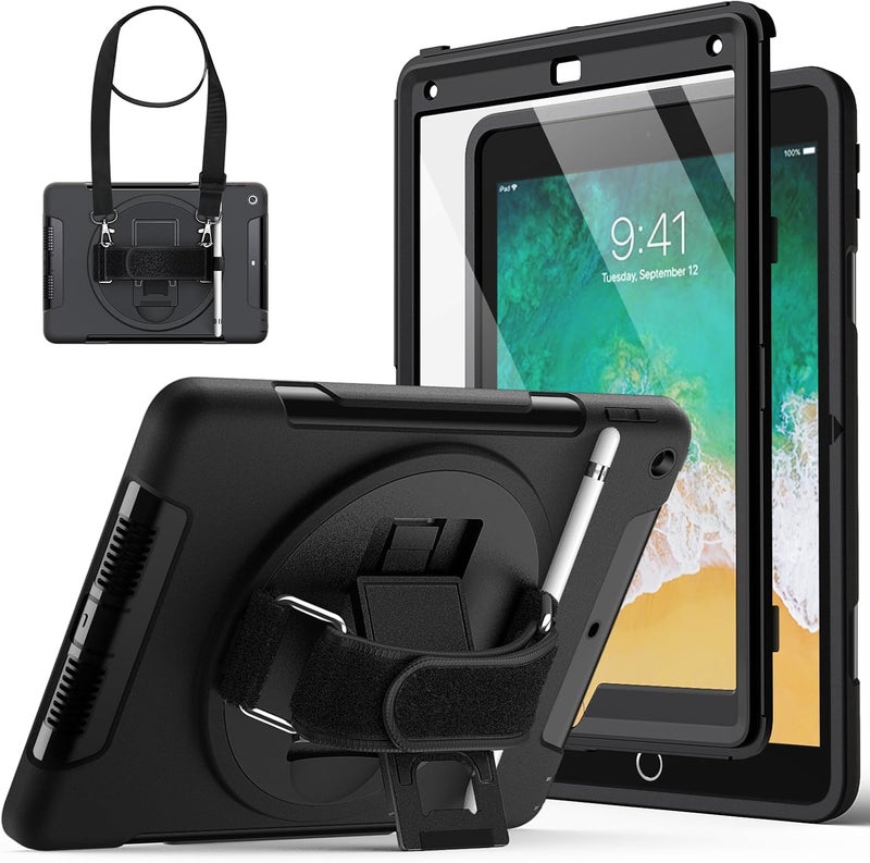 جي تيك غطاء لجهاز iPad مقاس 9.7 بوصة (الجيل السادس/الخامس، طراز 2018/2017) مزود بحامي شاشة مدمج، غطاء لوحي متين واقٍ من الصدمات، حامل يد قابل للدوران 360 درجة (أسود) - Image 1