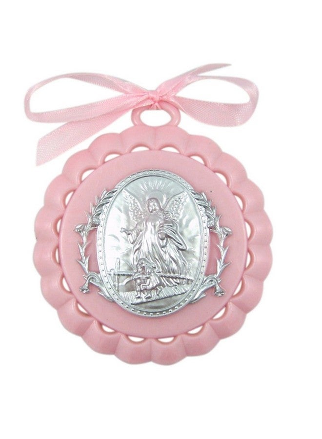 WJH Moulded Acrylic Pink Crib Medal with Guardian Angel for Baby Girl Nursery Decor, 3 1/2 Inch - Image 1