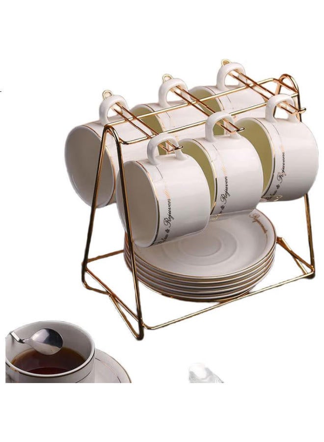 Cliton Coffee Cup And Saucer Set, European-Style Gold-Rimmed Ceramic Cups, Western-Style Red Tea Cups, Breakfast Cups, Milk Cups, 6 Cups, 6 Saucers, 6+ Cup Holder - Image 1