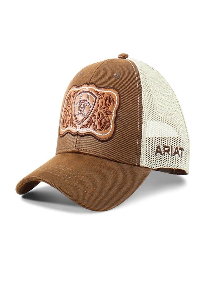 ARIAT Women's Trucker Cap with Leather Floral Patch and Snapback Closure (Brown) - Image 1