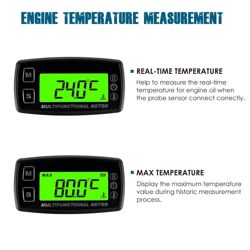 Runleader RL-HM035T-TS001 Digital Water and Oil Temp Meter Hours Tachometer, Backlight Display, Replaceable Battery and Waterproof Design. - Image 2