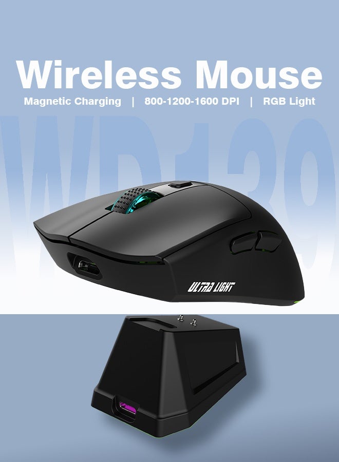 Wireless Bluetooth Gaming Mouse for Windows, Mac, IOS, Android, Computer Mice with USB Receiver, Lightweight Gaming Mouse with Magnetic RGB Charging Dock, 800/1200/1600 DPI, Black