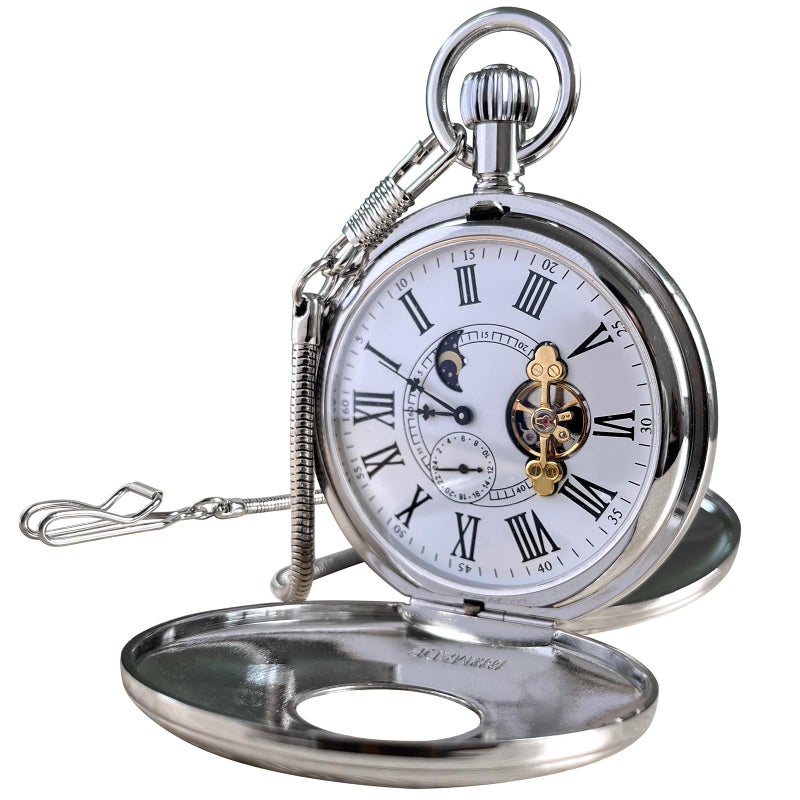 VIGOROSO Mechanical Hand-Wind Pocket Watch for Men, Half Hunter Double Covers 24-Hour Day Moon Phase, Luxury Watches with Tourbillon in Box - Image 1