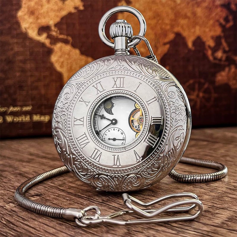 VIGOROSO Mechanical Hand-Wind Pocket Watch for Men, Half Hunter Double Covers 24-Hour Day Moon Phase, Luxury Watches with Tourbillon in Box - Image 2