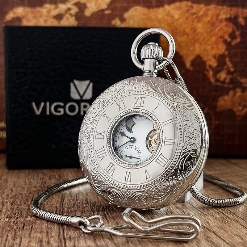 VIGOROSO Mechanical Hand-Wind Pocket Watch for Men, Half Hunter Double Covers 24-Hour Day Moon Phase, Luxury Watches with Tourbillon in Box - Image 3
