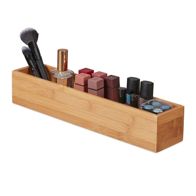BAMBOO BOX STORAGE BATHROOM KITCHEN DESK ELONGATED NARROW ORGANISER CONTAINER 7 X 38 X 8 CM NATURAL