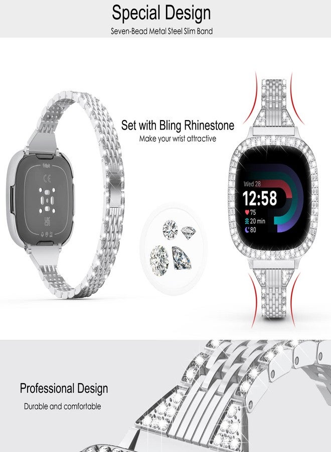 سوار معصم معدني مرصع بأحجار الراين الماسية، متوافق مع سوار Fitbit Versa 4/Fitbit Sense 2 للنساء، من MOFREE، باللون الفضي. - Image 3