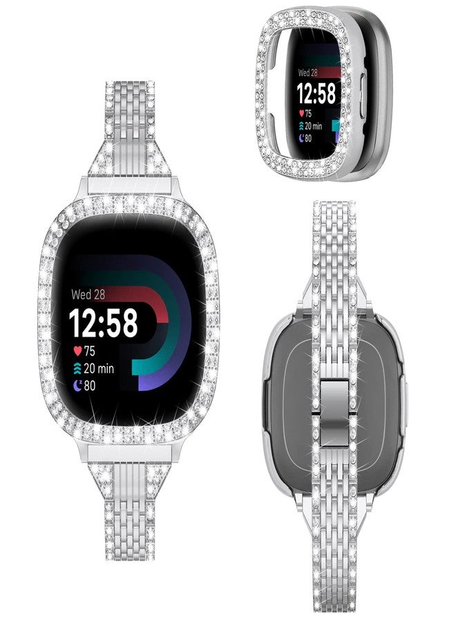 سوار معصم معدني مرصع بأحجار الراين الماسية، متوافق مع سوار Fitbit Versa 4/Fitbit Sense 2 للنساء، من MOFREE، باللون الفضي. - Image 1