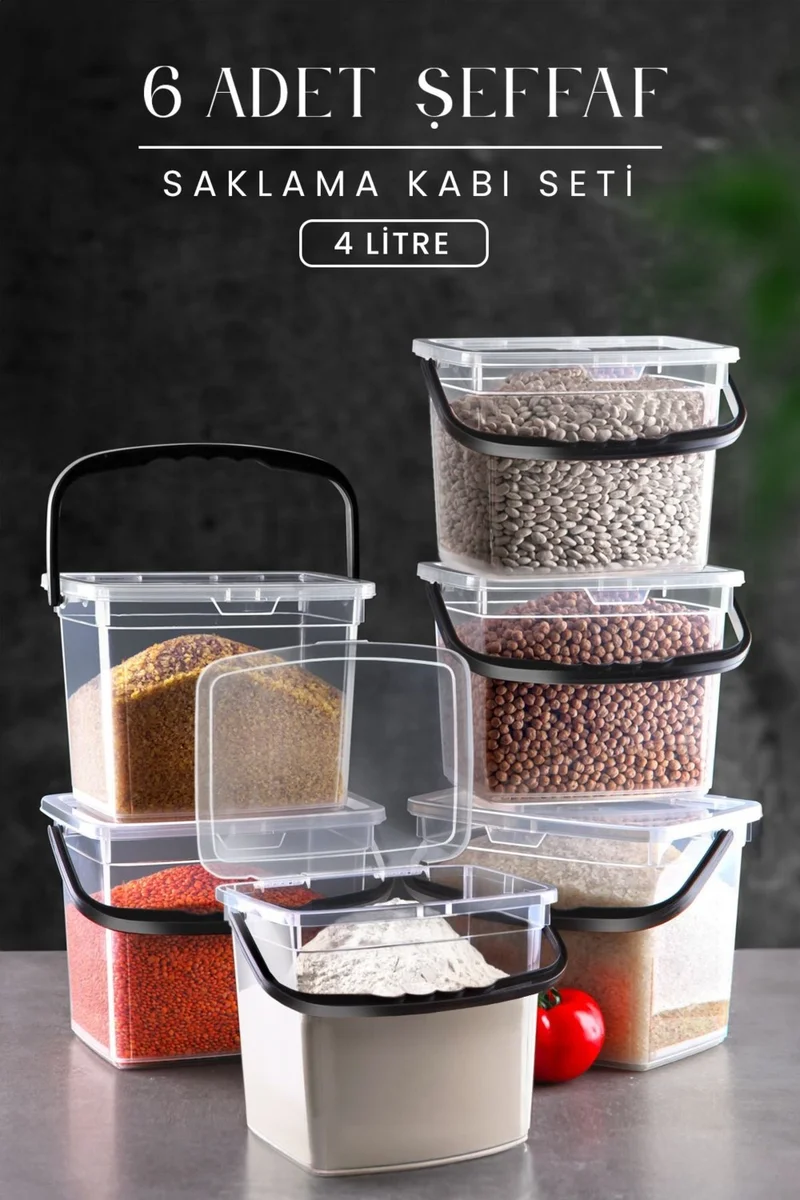 Kitchen Life Mega Size 6-Piece Square Flour and Legumes Container (4 Liters) - Detergent Storage Box Container with Handle 6 Pieces
