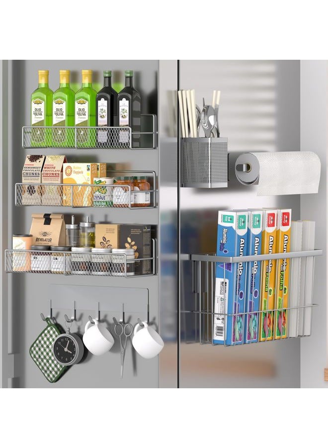 DTUQYX Magnetic Spice Rack for Refrigerator, 7 Pack 100% Metal Strong Magnet Shelf, Spice Organizer W/Paper Towel Holder, Hook Rack, Utensil Caddy & Cutting Board Holder, Home Kitchen Organization (Grey) - Image 1