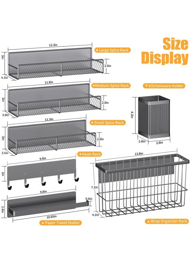 DTUQYX Magnetic Spice Rack for Refrigerator, 7 Pack 100% Metal Strong Magnet Shelf, Spice Organizer W/Paper Towel Holder, Hook Rack, Utensil Caddy & Cutting Board Holder, Home Kitchen Organization (Grey) - Image 2