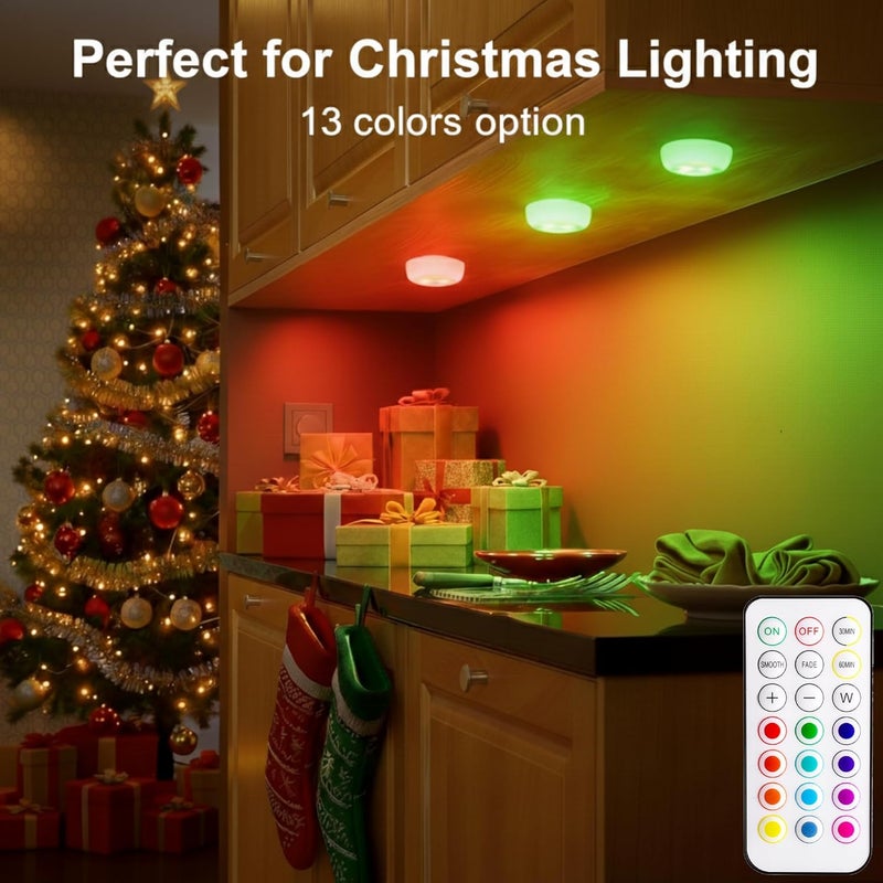 BLS LED Puck Lights with Remote Control, RGB 13 Color Changing Under Cabinet Lighting Wireless, AA Battery Operated Night Light, Push Stick on Lights for Closet, Kitchen, Wall, Dimmer & Timer, 2 Pack - Image 2