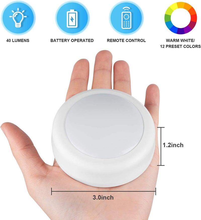 BLS LED Puck Lights with Remote Control, RGB 13 Color Changing Under Cabinet Lighting Wireless, AA Battery Operated Night Light, Push Stick on Lights for Closet, Kitchen, Wall, Dimmer & Timer, 2 Pack - Image 3