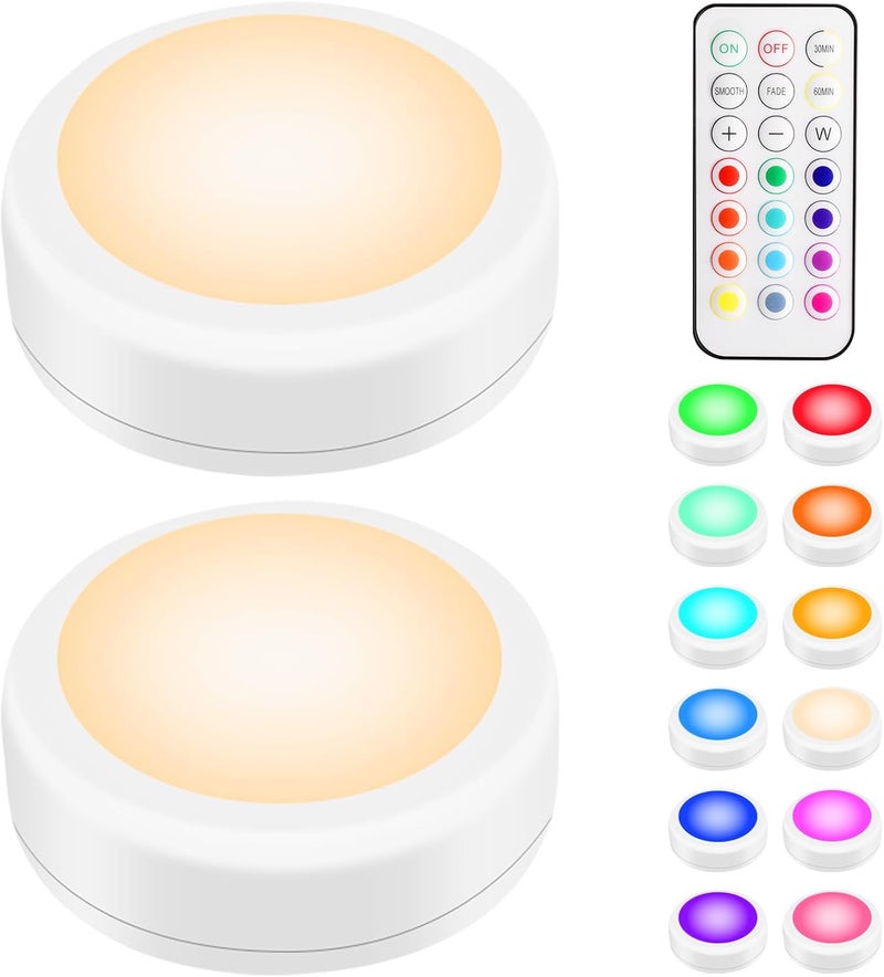 BLS LED Puck Lights with Remote Control, RGB 13 Color Changing Under Cabinet Lighting Wireless, AA Battery Operated Night Light, Push Stick on Lights for Closet, Kitchen, Wall, Dimmer & Timer, 2 Pack - Image 1