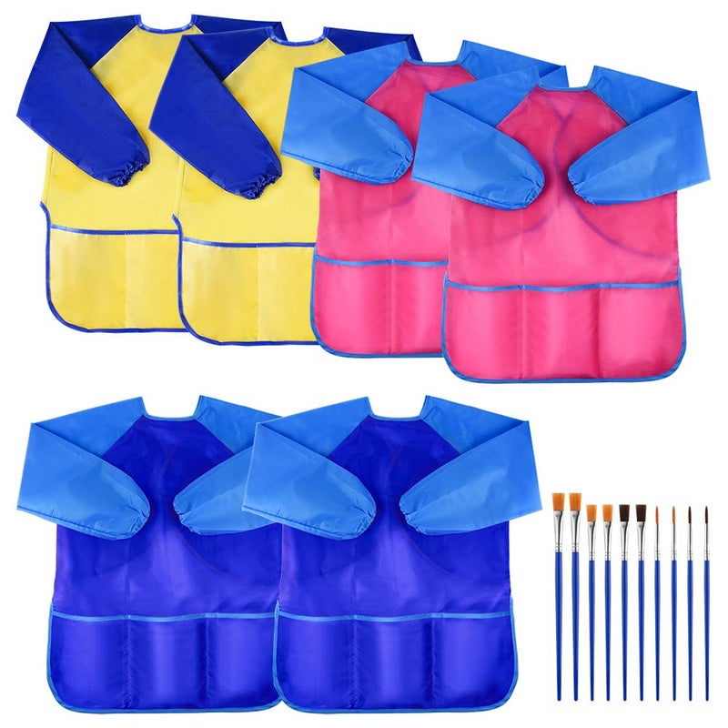 KUUQA 6 Pcs Waterproof Art Smock Kids Art Painting Aprons Long Sleeve with 3 Roomy Pockets and 10 Pcs Painting Brushes Age 26 Years - Image 2